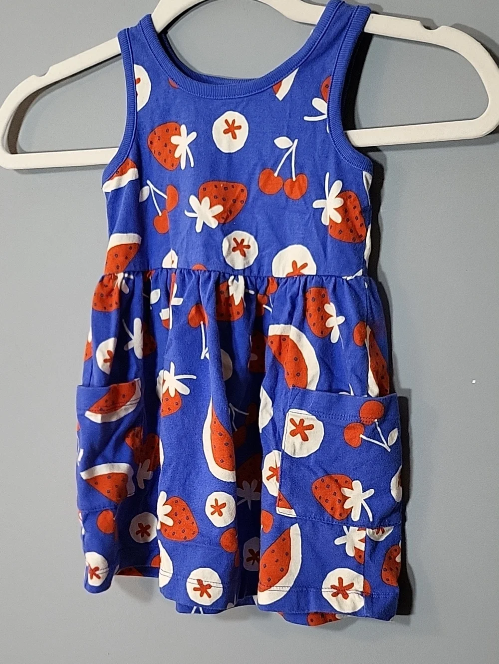 Hanna Andersson Size 3T Sleeveless Playground Dress Pockets Blue Red White Fruit